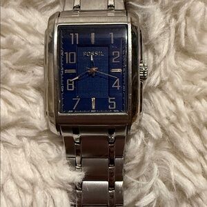 Fossil Silver Stainless Steel Watch with Blue Dial